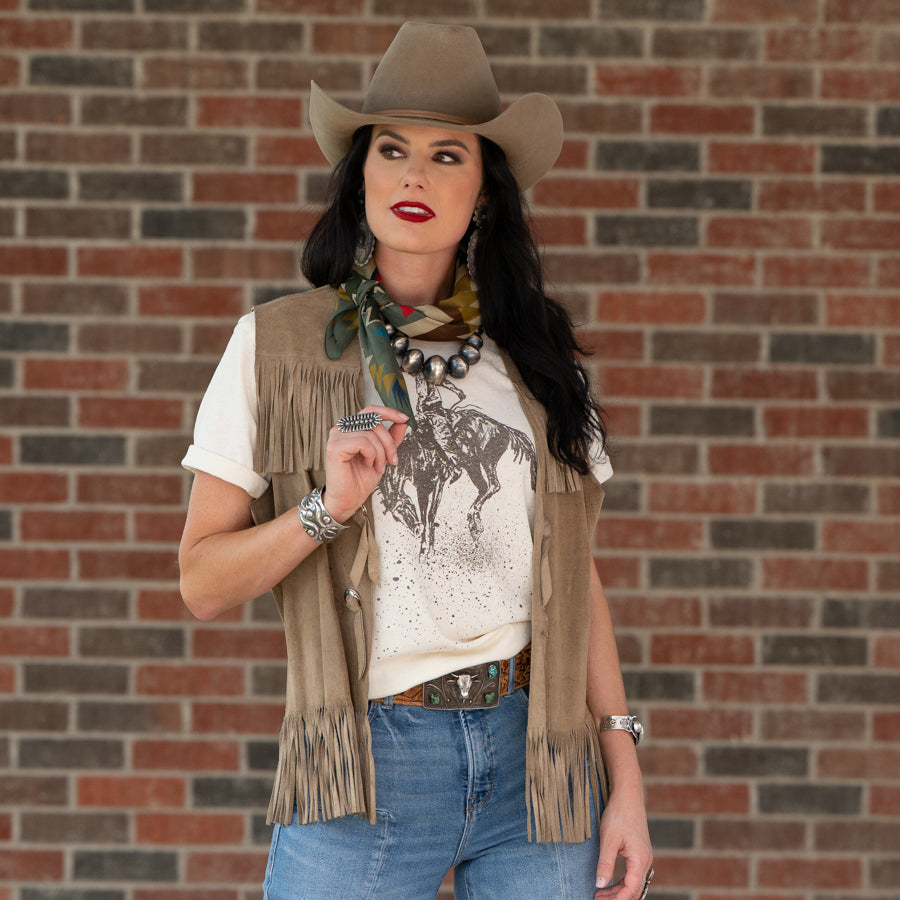 Fringe Cross Me Bandana Sage ties at the neck in a classic knot western fashion