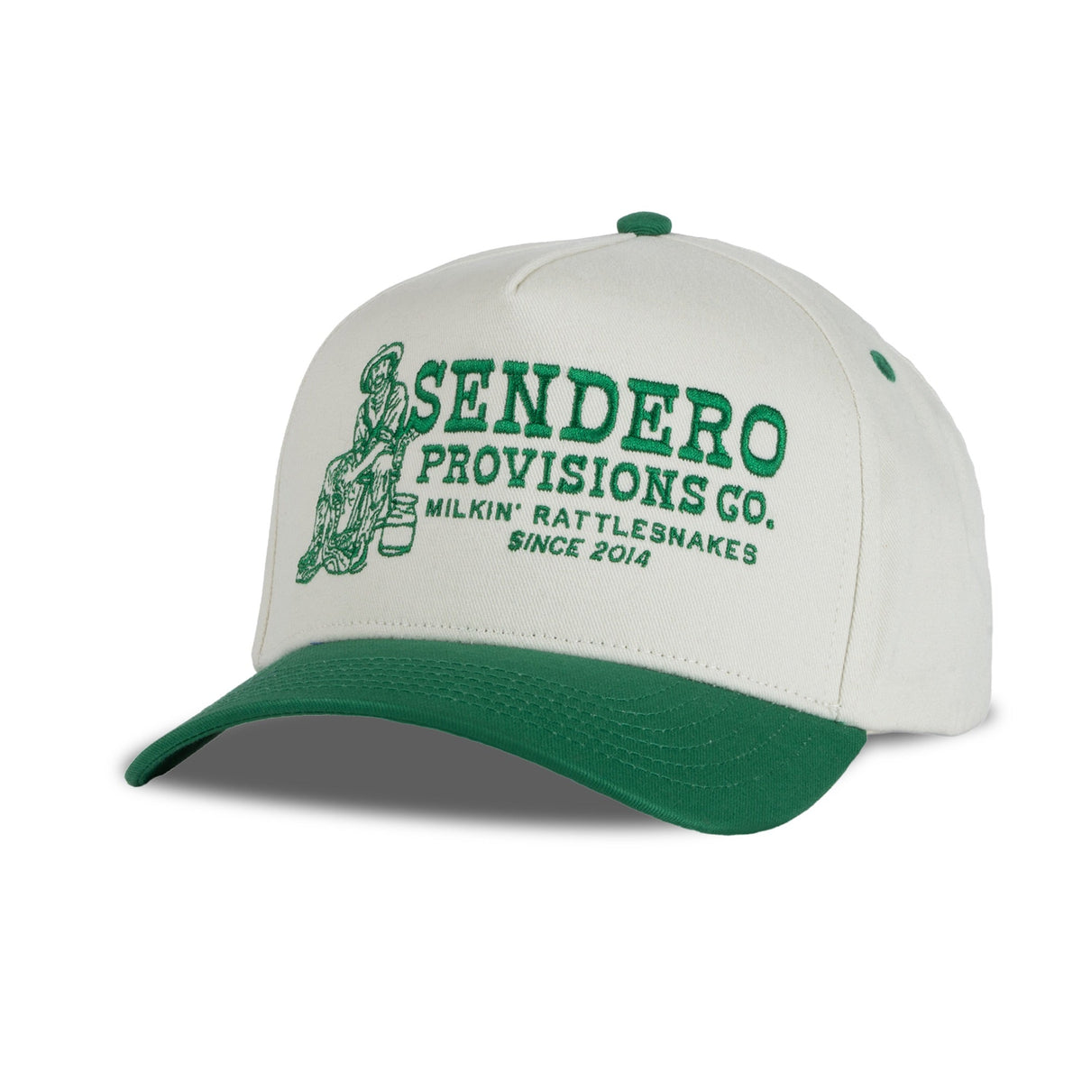 Sendero Milkin Rattlesnakes Hat Cream Green cream and green snapback cap with the Milkin Rattlesnakes design western fashion Utah SKU SPCH126H14AZZ