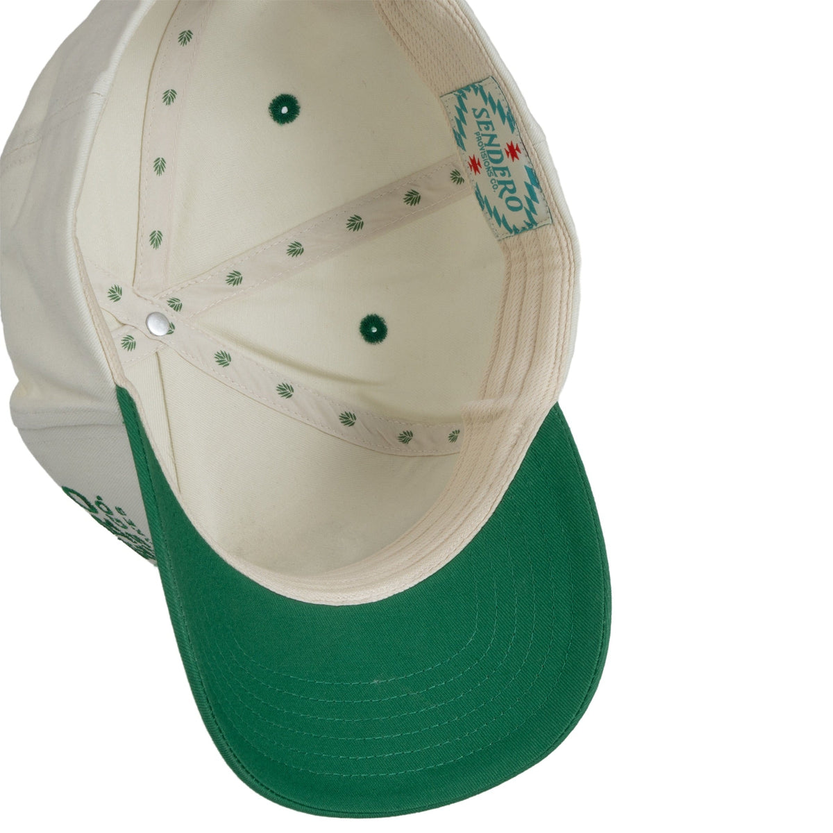 Sendero Milkin Rattlesnakes Hat Cream Green flat bill cap with the Sendero agave tag stitched at the back cowboy