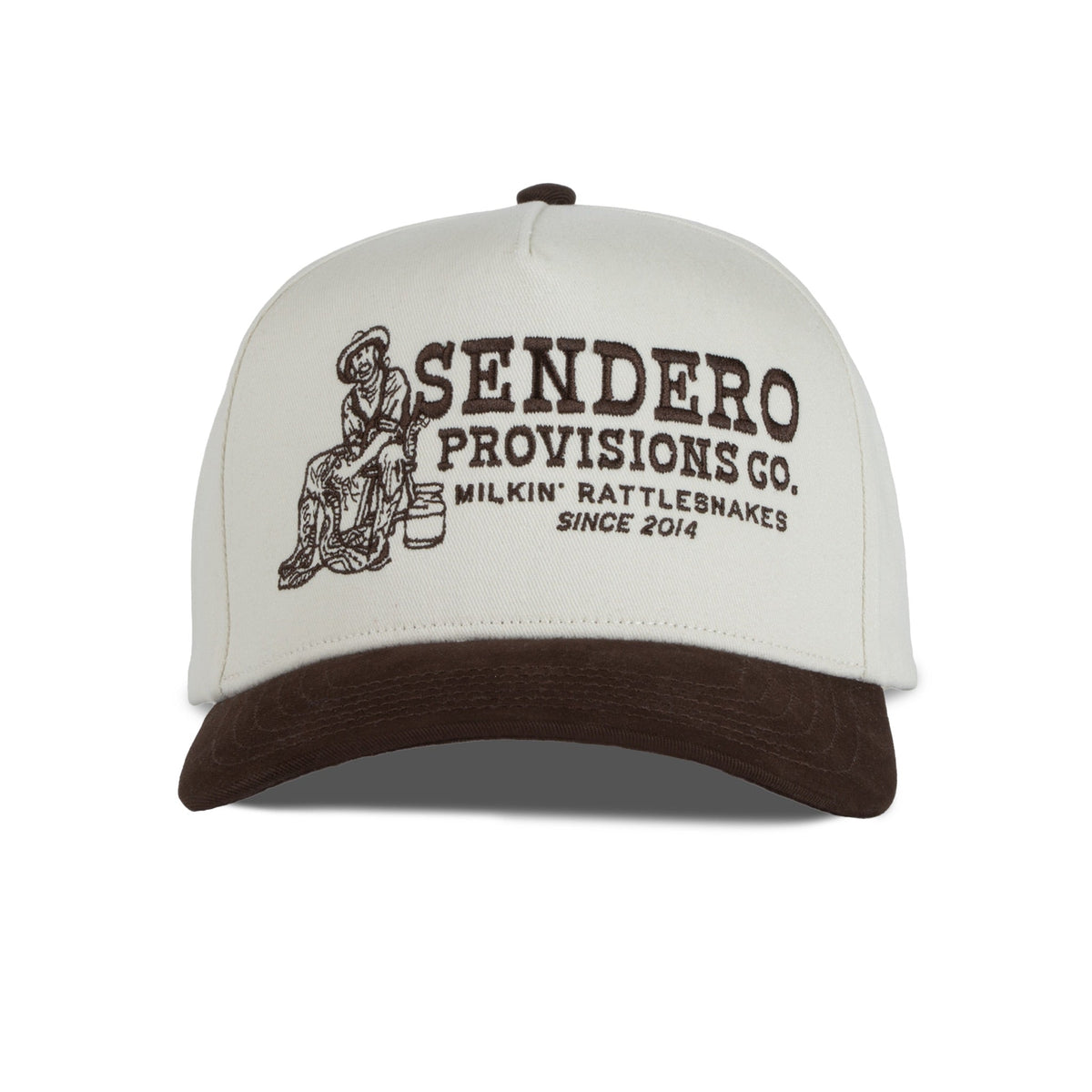 Sendero Milkin Rattlesnakes Hat Cream Brown flat bill cap with the Sendero agave tag stitched at the back cowboy