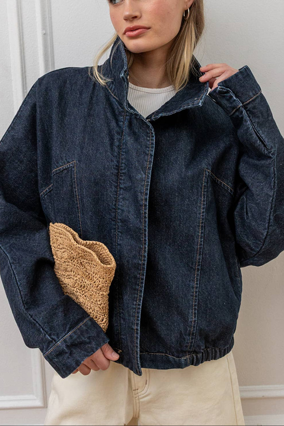 Haley Denim Jacket womens dark denim cropped bomber denim jacket womens western fashion and style Boltranchstore.com Free Shipping Raisonnel EC2123