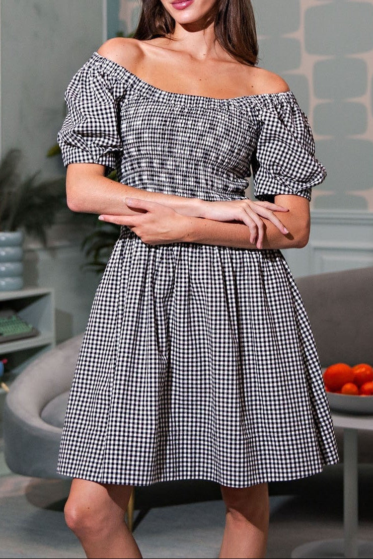 Hallie Smocked Dress classic womens off shoulder midi dress in black gingham western style Boltranchstore.com free shipping Womens country dress concert doen dupe