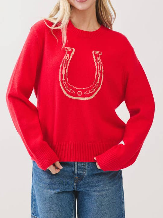 Hanna Horseshoe Knit Sweater a red sweater with a knitted in horseshoe graphic with long sleeves