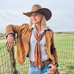 Fringe Happy Trails Silk Scarf Cayenne folds into a triangle to tie cowboy style Utah