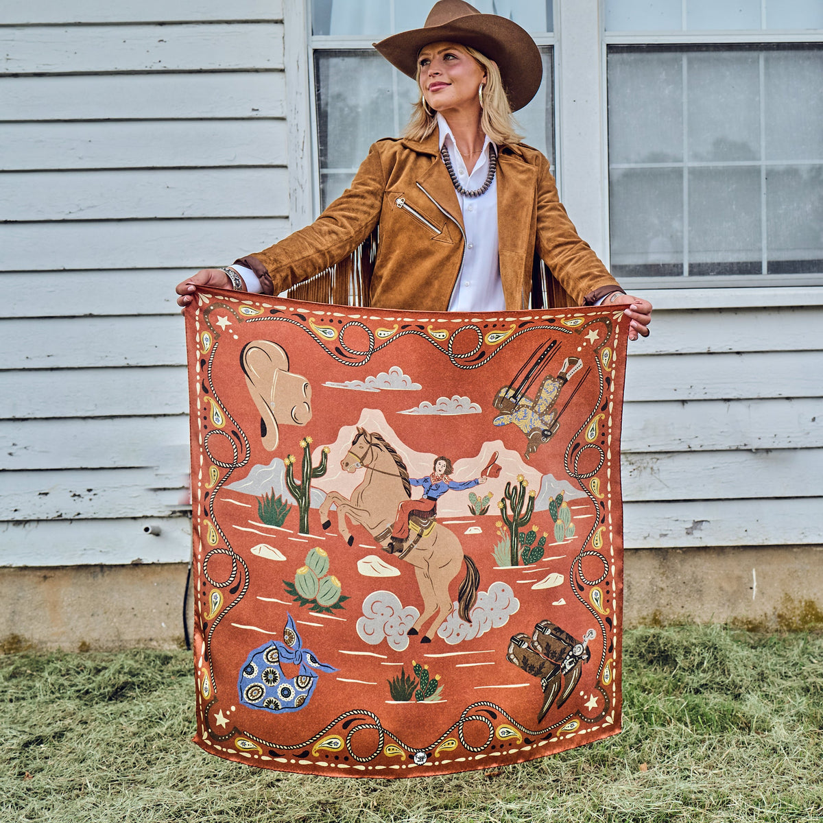 Fringe Happy Trails Silk Scarf Cayenne made to tie as a classic wild rag at the neck western fashion