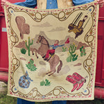 Fringe Happy Trails Silk Scarf Cream retro cowgirl on horseback with western gear in each corner on cream womens western boutique Utah SKU SCRFHPTLCRMSH26039