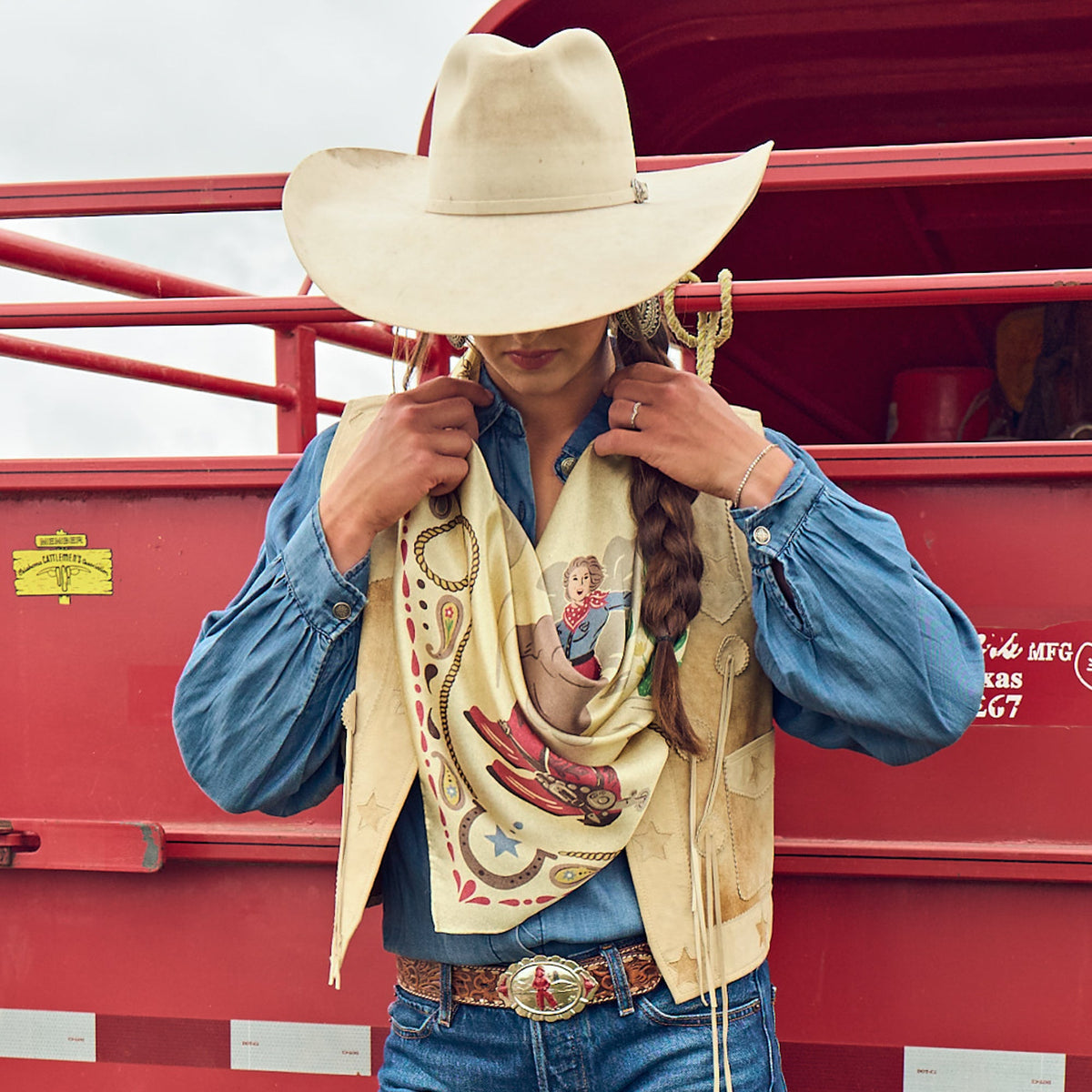 Fringe Happy Trails Silk Scarf Cream pairs with a denim jacket knotted loose Park City