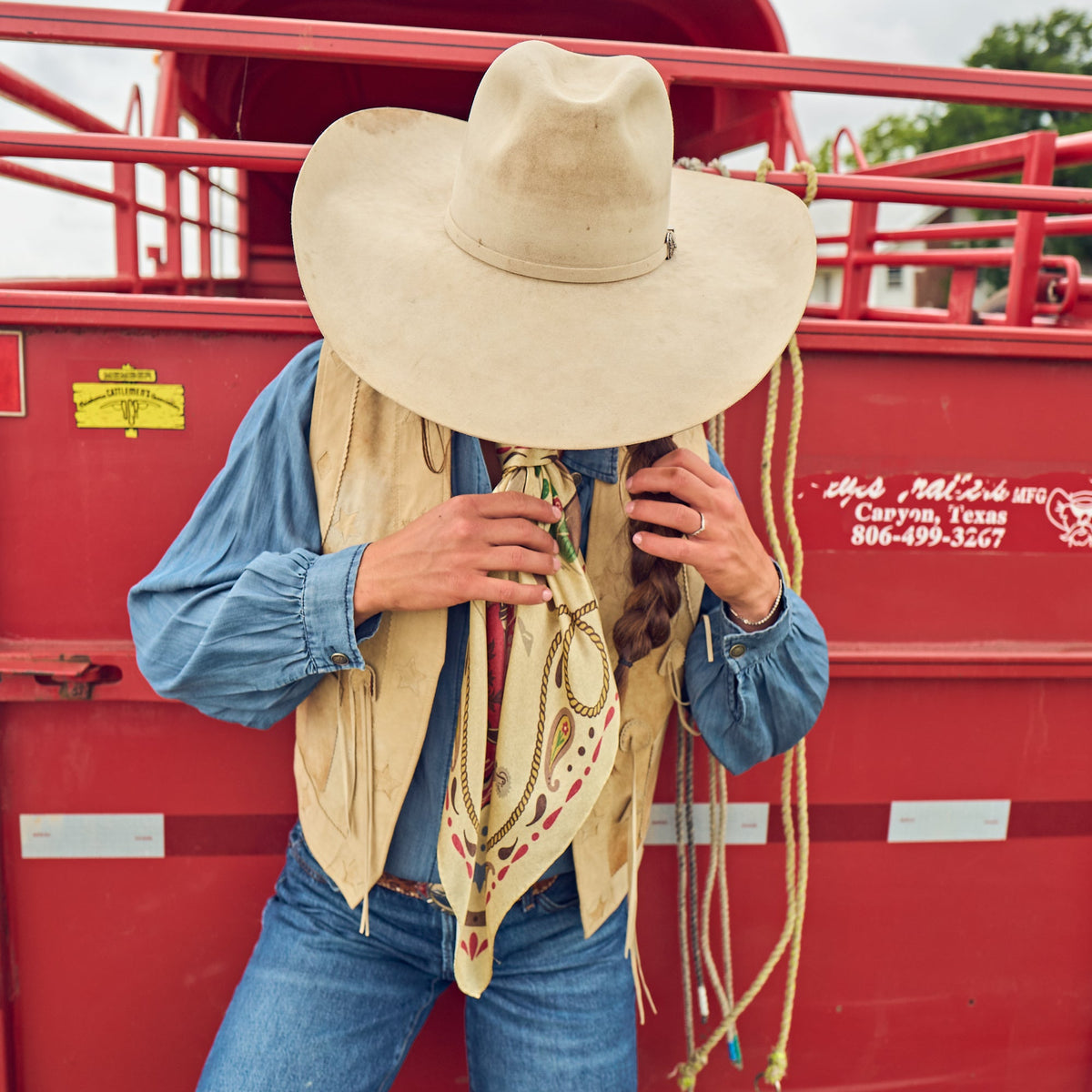 Fringe Happy Trails Silk Scarf Cream made to tie as a classic wild rag at the neck western fashion