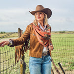 Fringe Happy Trails Silk Scarf Cayenne one inch Fringe logo on the center edge ranch wear