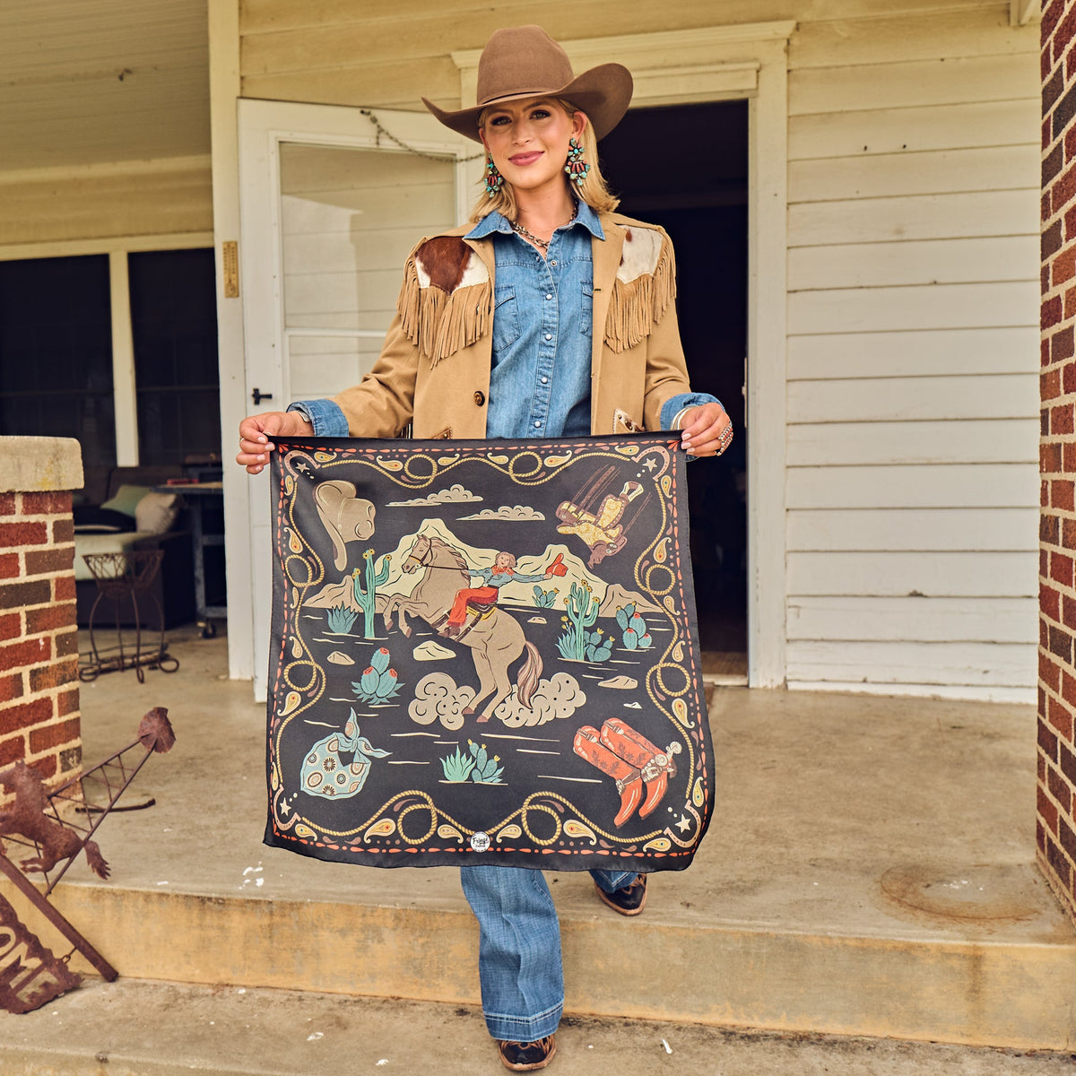 Fringe Happy Trails Silk Scarf Black goes with a felt or straw cowboy hat cowboy