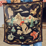 Fringe Happy Trails Silk Scarf Black retro cowgirl on horseback with western gear in each corner on black womens western boutique Utah SKU SCRFHPTLBLKSH26041