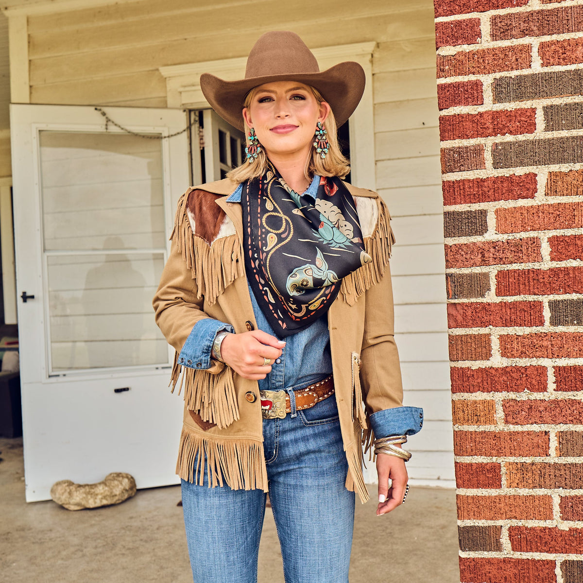 Fringe Happy Trails Silk Scarf Black one inch Fringe logo on the center edge ranch wear