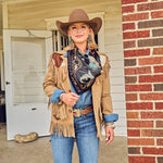 Fringe Happy Trails Silk Scarf Black one inch Fringe logo on the center edge ranch wear