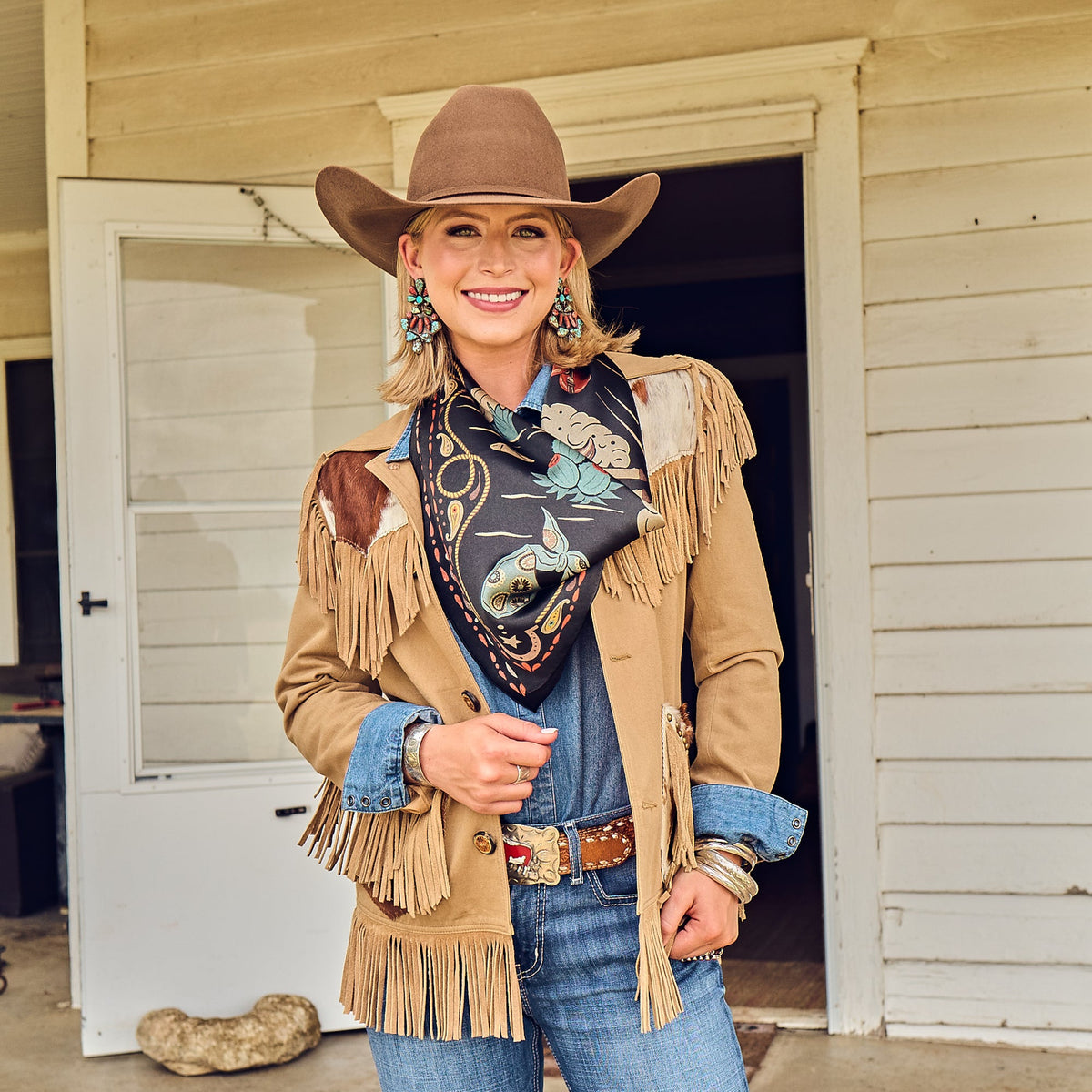 Fringe Happy Trails Silk Scarf Black Shorty 26 inch or Long Tall 35 inch square size rodeo