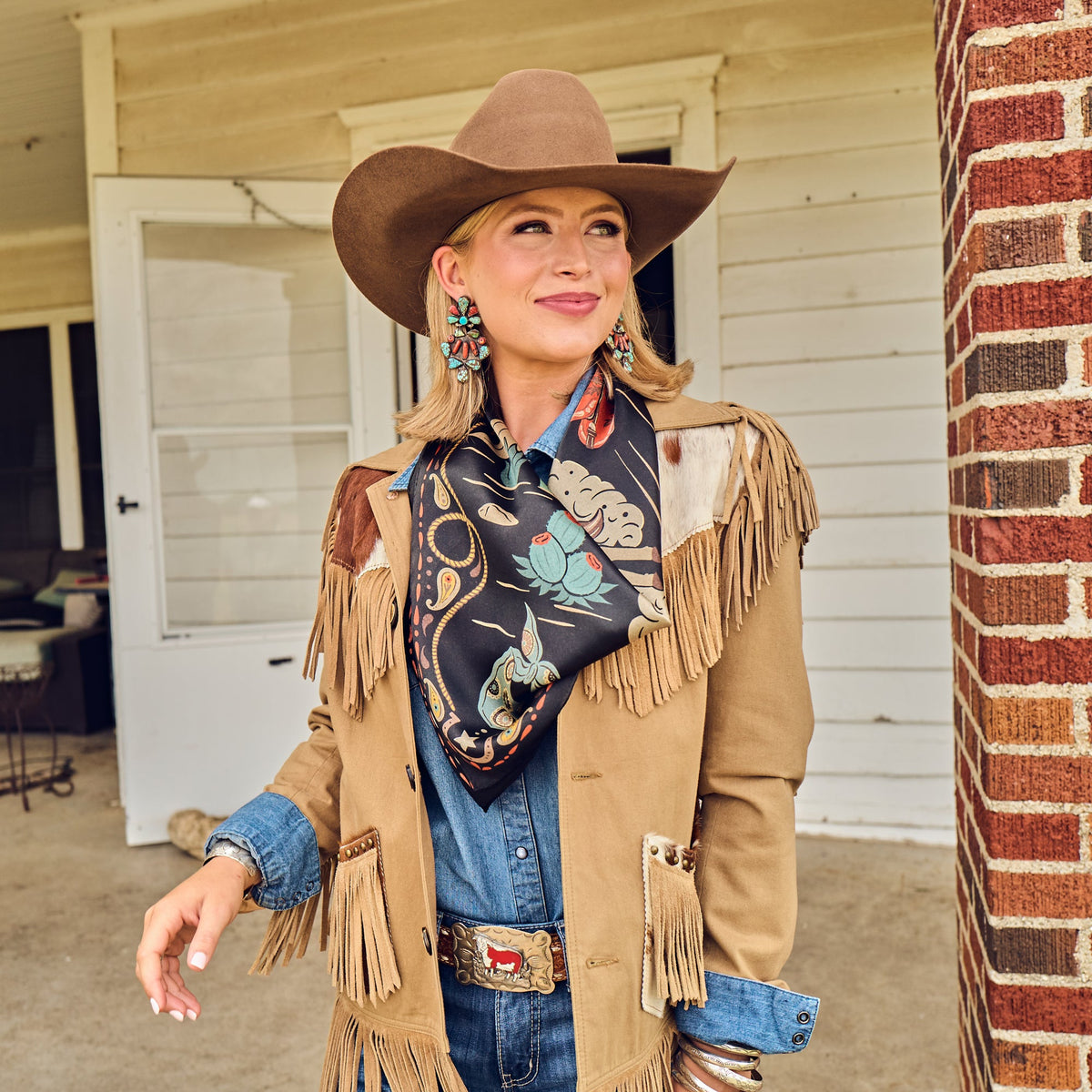 Fringe Happy Trails Silk Scarf Black folds into a triangle to tie cowboy style Utah