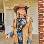 Fringe Happy Trails Silk Scarf Black folds into a triangle to tie cowboy style Utah