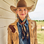 Fringe Happy Trails Silk Scarf Black layers over a western snap shirt womens western clothing
