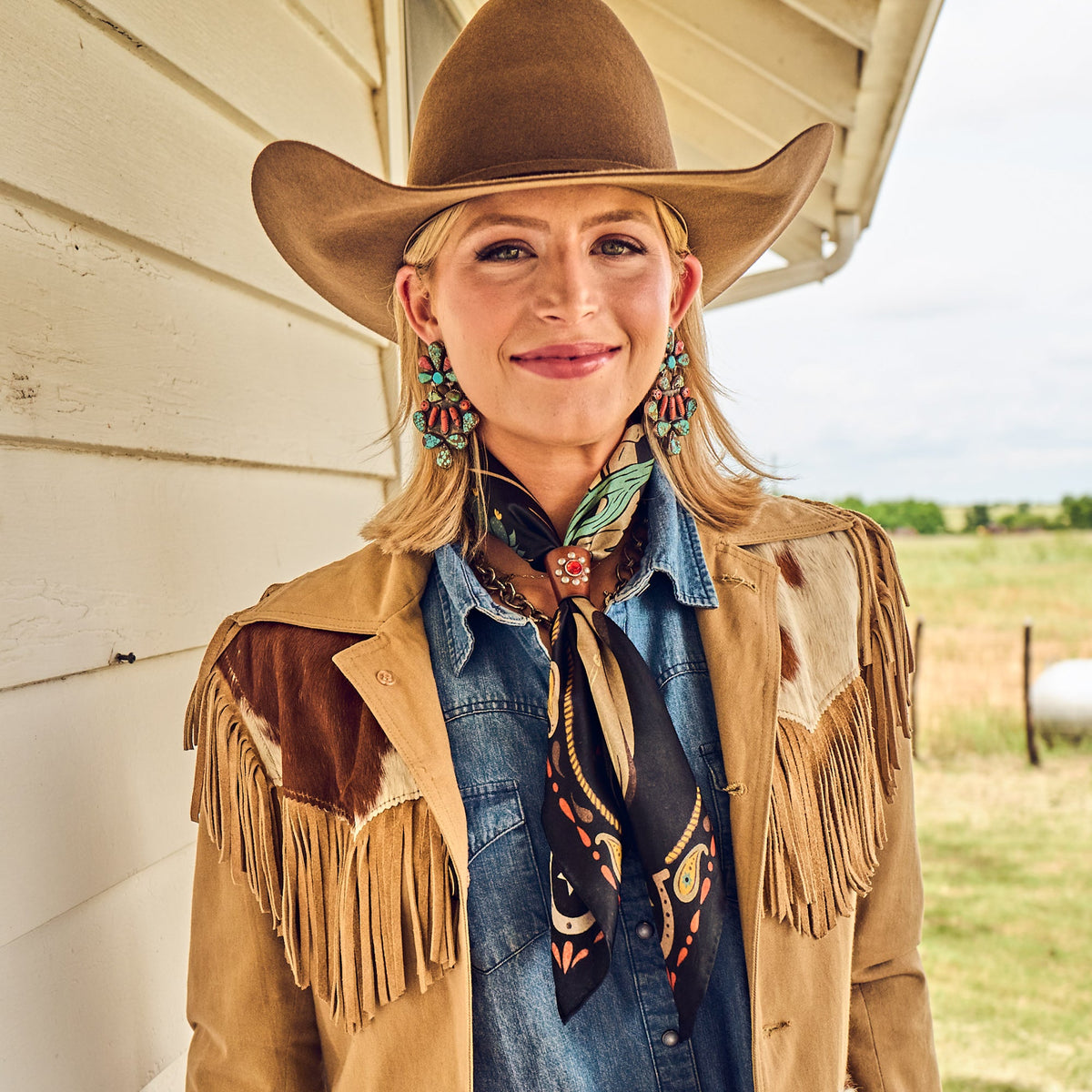 Fringe Happy Trails Silk Scarf Black layers over a western snap shirt womens western clothing