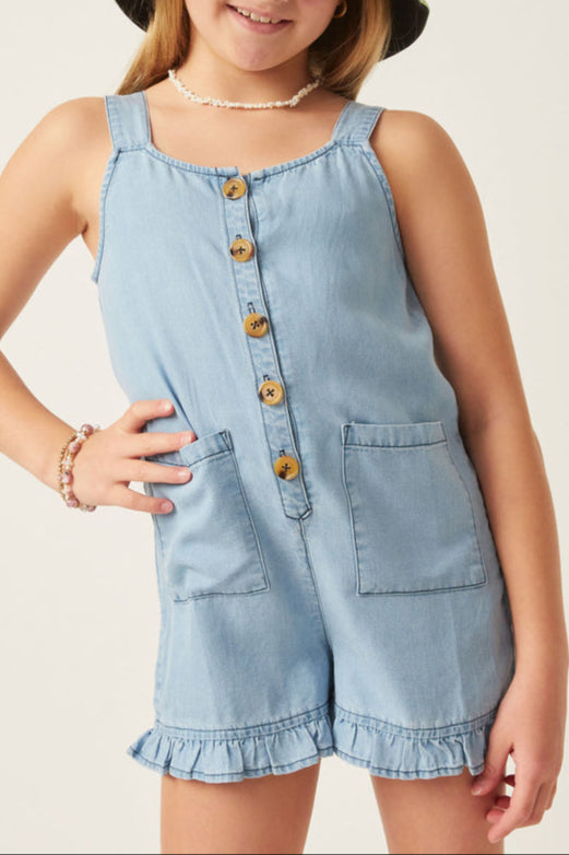 Hayden Tencel Ruffle Patch Pocket Jumper girls shorts spring summer at bolt ranch store free shipping denim blue