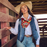 Fringe Head in the Clouds Silk Scarf pairs with fringed suede and leather jackets Kamas