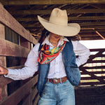 Fringe Head in the Clouds Silk Scarf works as a hatband on a cowboy hat ranch wear