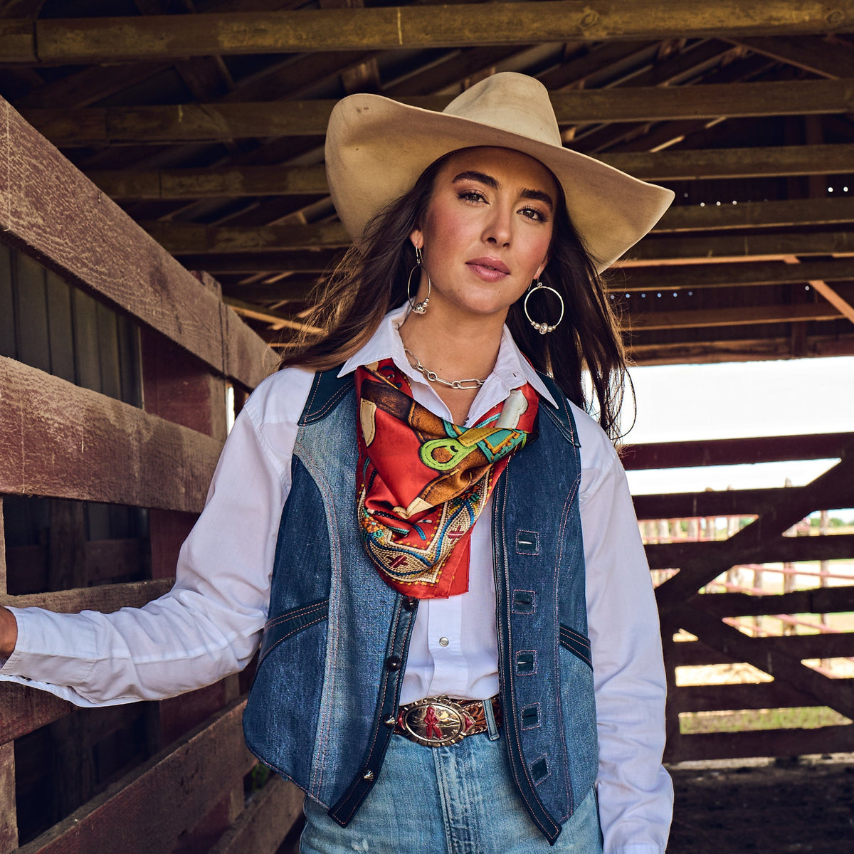 Fringe Head in the Clouds Silk Scarf wraps as a western belt cowgirl
