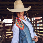Fringe Head in the Clouds Silk Scarf holds a scarf slide at the collar ranch wear Kamas