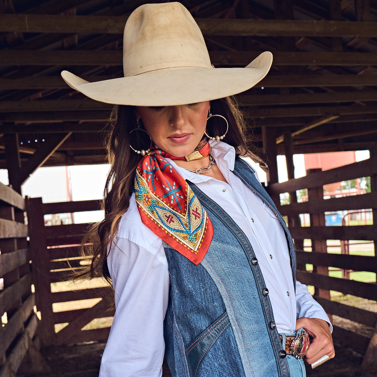 Fringe Head in the Clouds Silk Scarf holds a scarf slide at the collar ranch wear Kamas