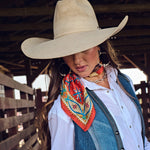Fringe Head in the Clouds Silk Scarf pairs with a denim jacket knotted loose Park City