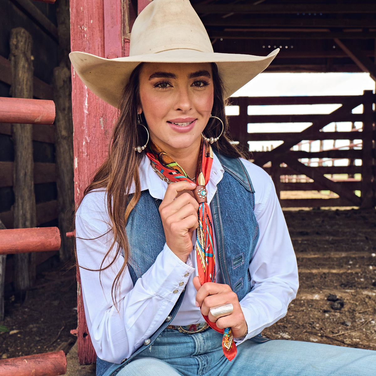 Fringe Head in the Clouds Silk Scarf one inch Fringe logo on the center edge ranch wear