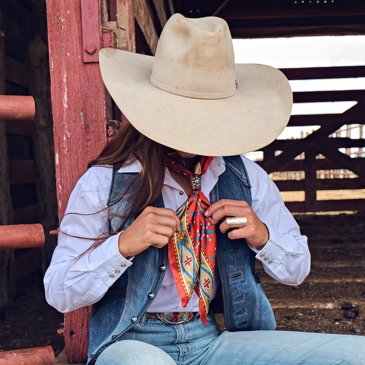 Fringe Head in the Clouds Silk Scarf ties in a bow for a softer look western clothing