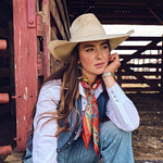 Fringe Head in the Clouds Silk Scarf layers over a western snap shirt womens western clothing