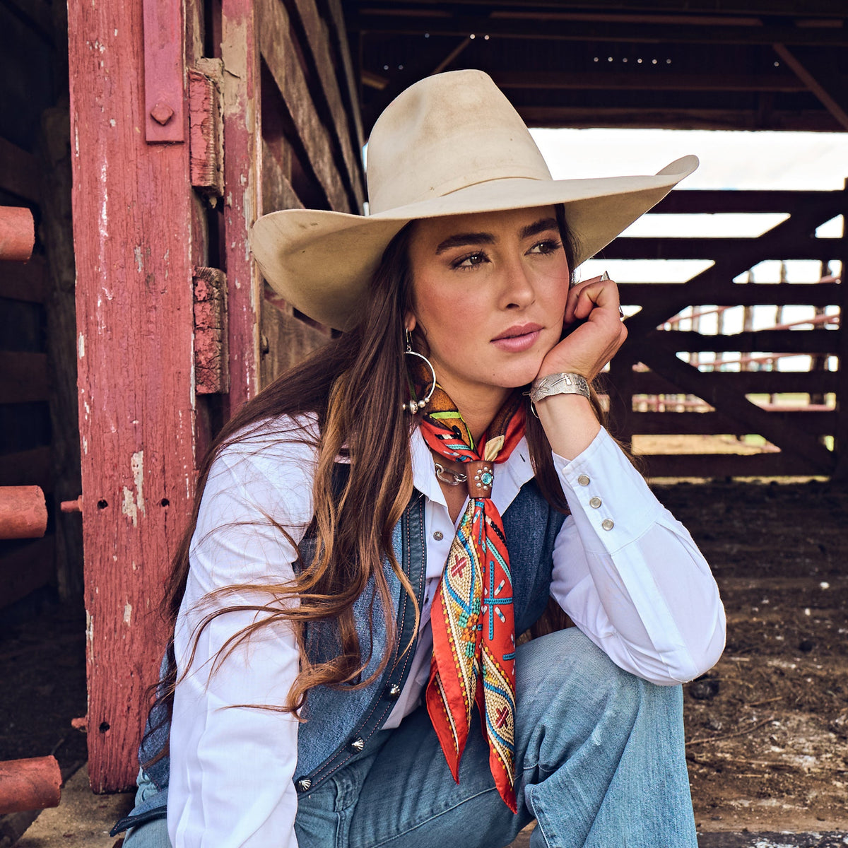 Fringe Head in the Clouds Silk Scarf layers over a western snap shirt womens western clothing