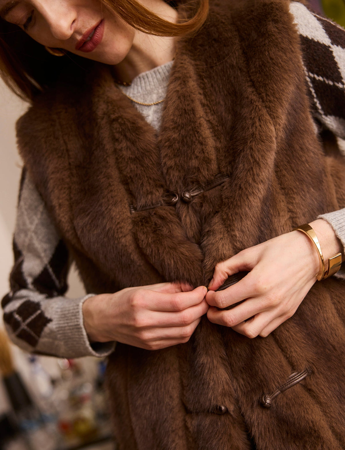 Heartloom Zamata Vest Walnut vest layered over a sweater for cold mornings Kamas