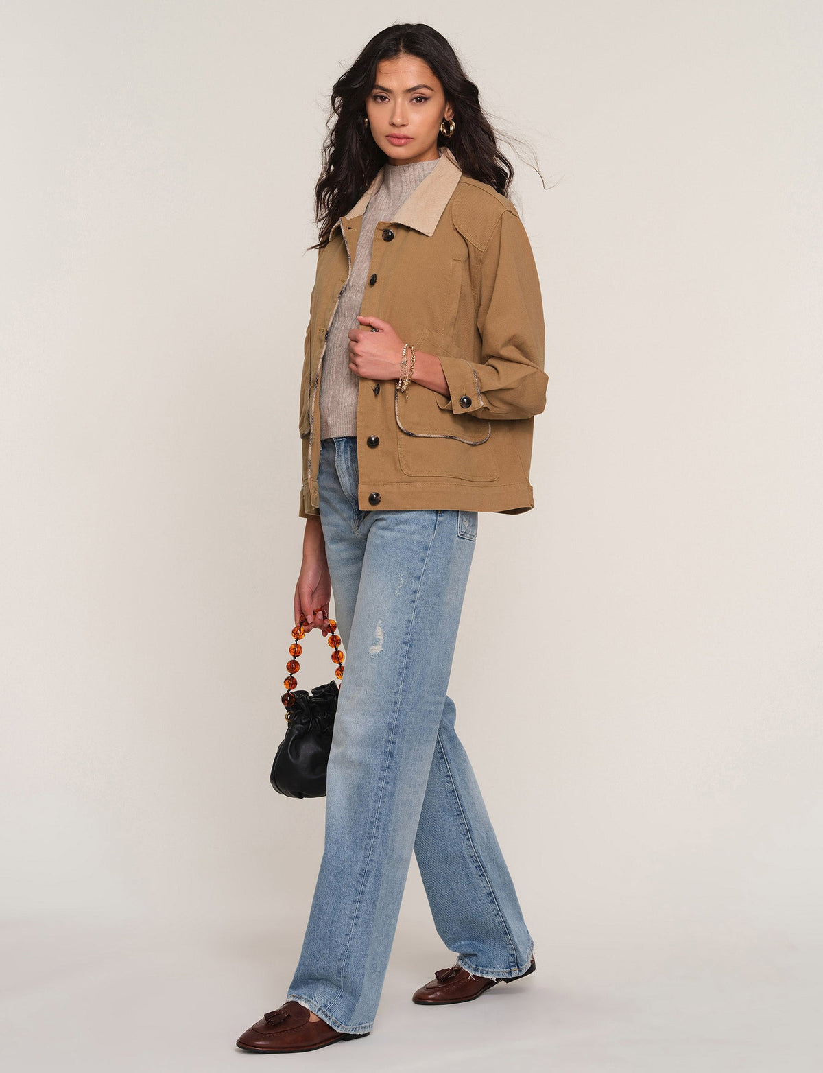 Heartloom Basha Jacket Tan oversized patch pockets with a contrast collar womens western clothing