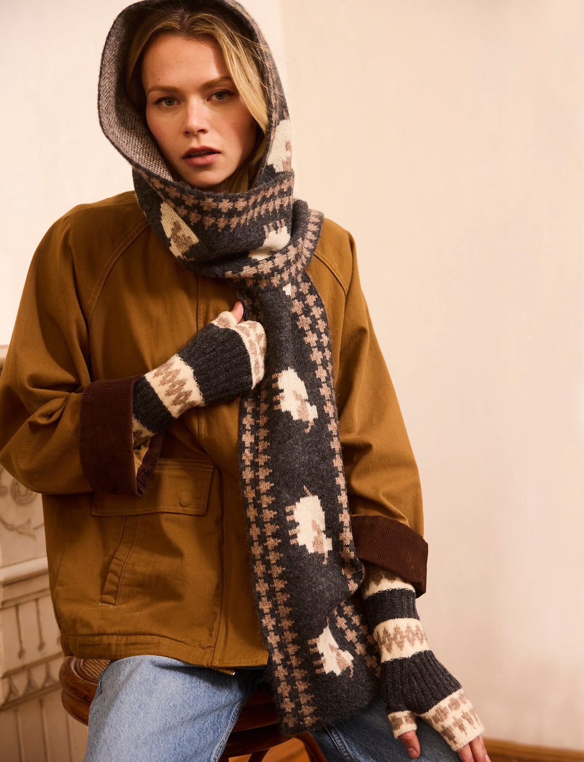 Heartloom Doria Scarf hooded scarf styled with a chore coat for winter Kamas
