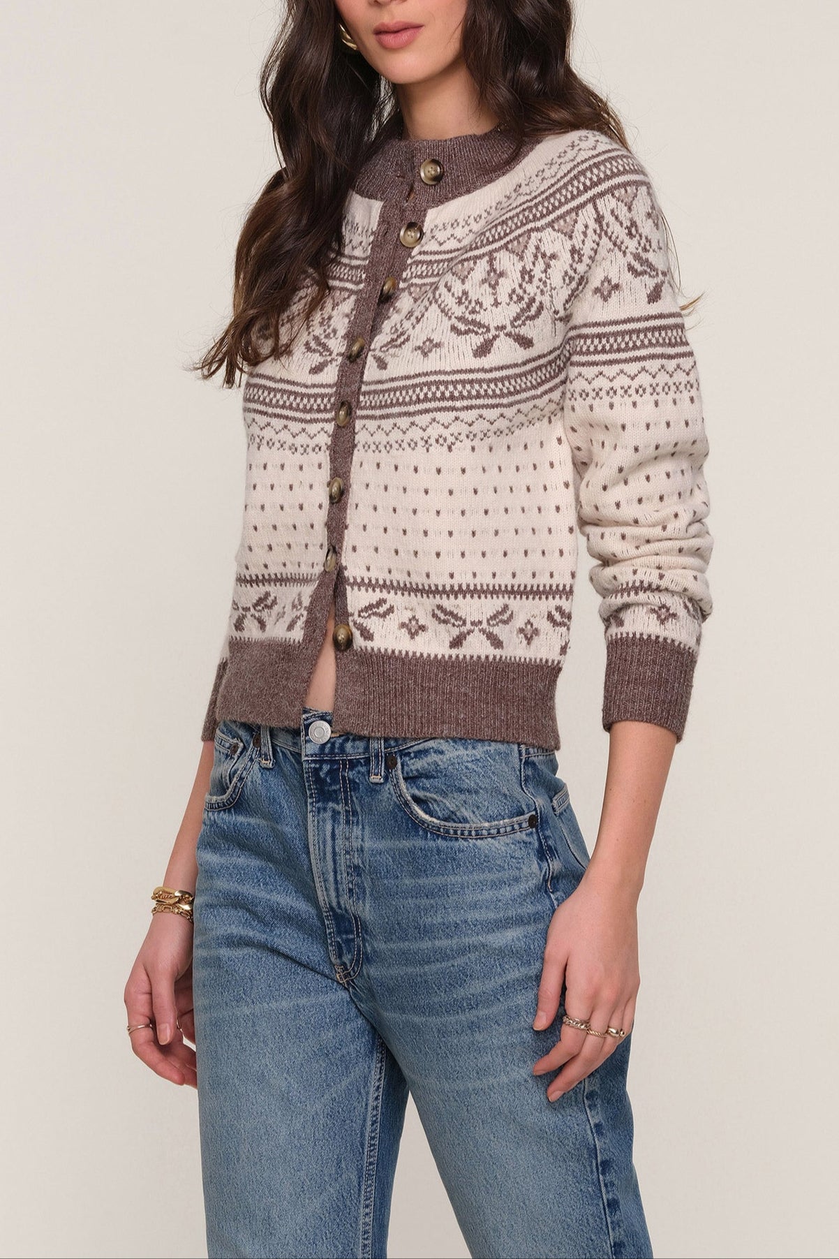 Morrie Cardi is a crew neck cardigan with a relaxed fit womens brown cream free shipping at Boltranchstore.com popular viral