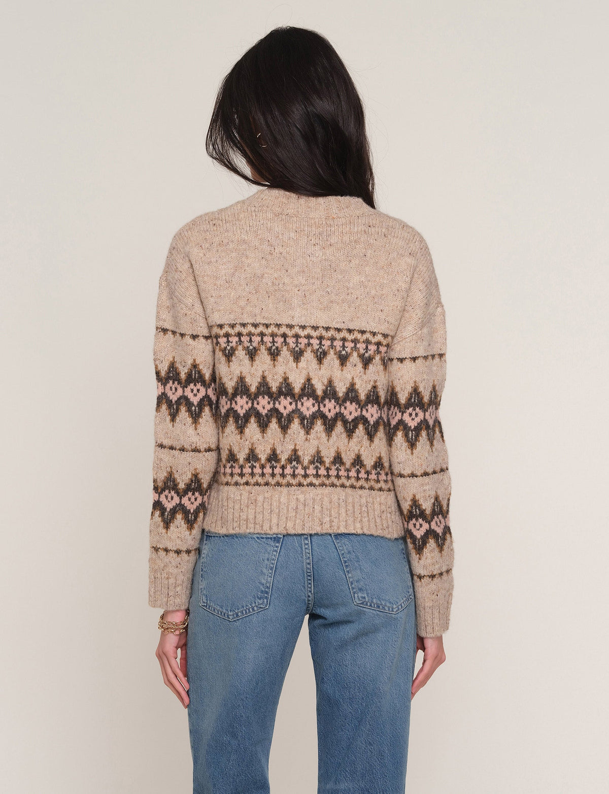 Heartloom Carlson Cardi Oat winter jacquard pattern knit across the body