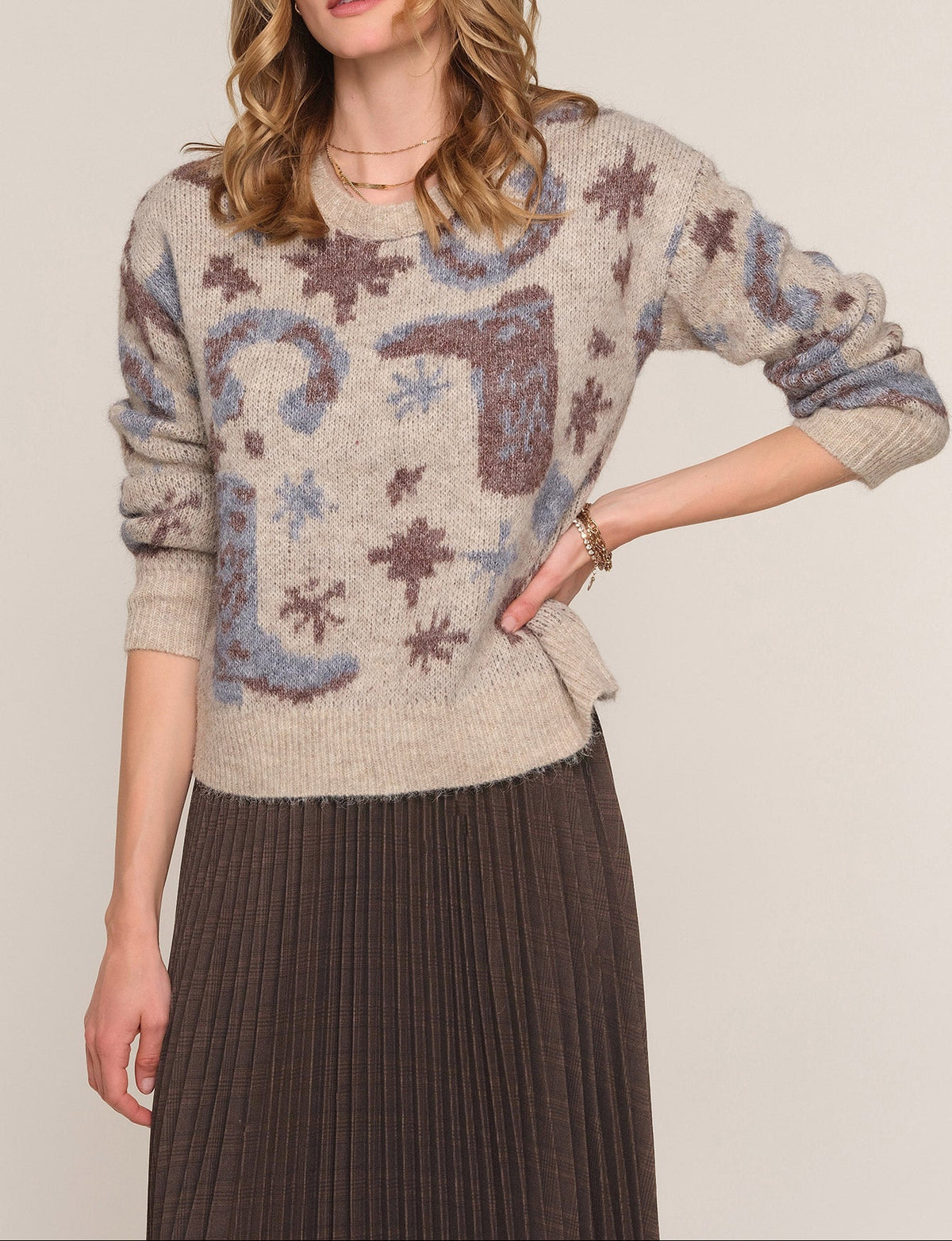 Heartloom Xena Sweater oat knit sweater with cowgirl jacquard womens western boutique Utah SKU 267SY2A