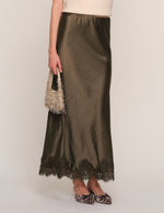 Heartloom Mara Skirt Olive flared skirt shape with a hidden elastic waistband womens western clothing