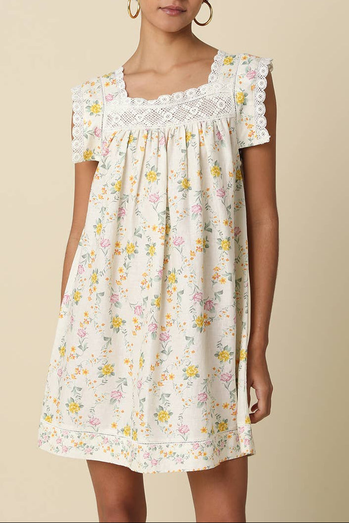 Helen Daisy Flutter Sleeve Mini Dress Natural Floral contemporary 55% linen 45% rayon olivaceous boltranchstore.com free shipping womens floral dress summer dress 