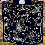 Fringe Hi Yo Silver Silk Scarf Black black ground with boots brands and a bucking horse womens western boutique Utah SKU SCRFHYSLBLKSH26062