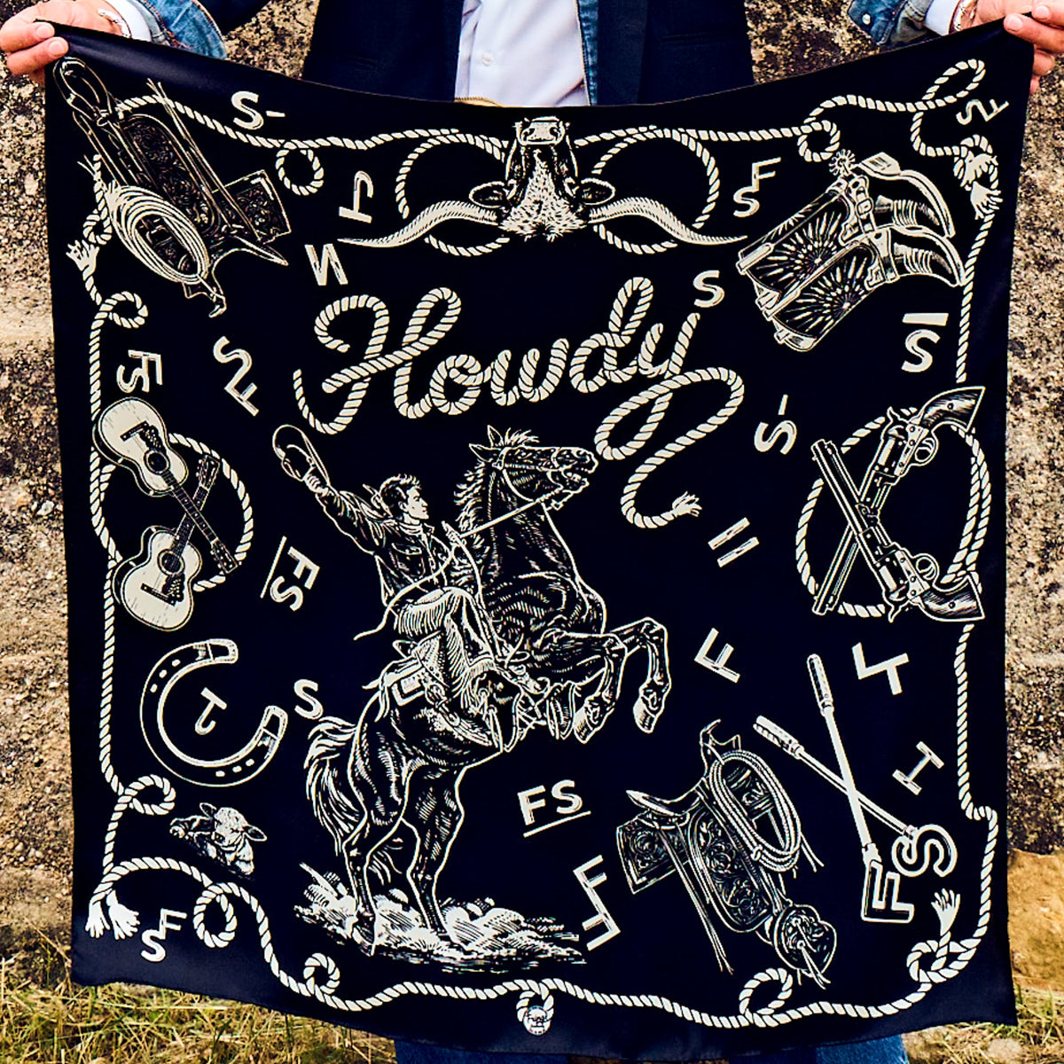Fringe Hi Yo Silver Silk Scarf Black black ground with boots brands and a bucking horse womens western boutique Utah SKU SCRFHYSLBLKSH26062