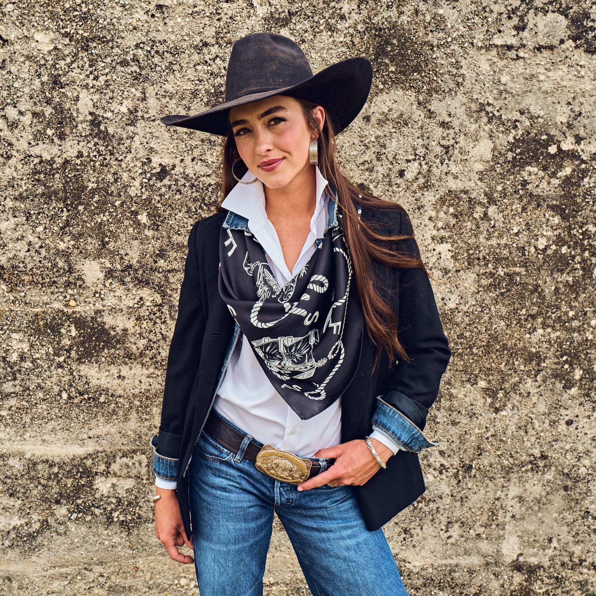 Fringe Hi Yo Silver Silk Scarf Black 100 percent 12mm satin silk in black western clothing