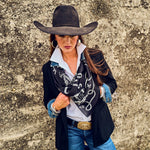 Fringe Hi Yo Silver Silk Scarf Black made to tie as a classic wild rag at the neck western fashion