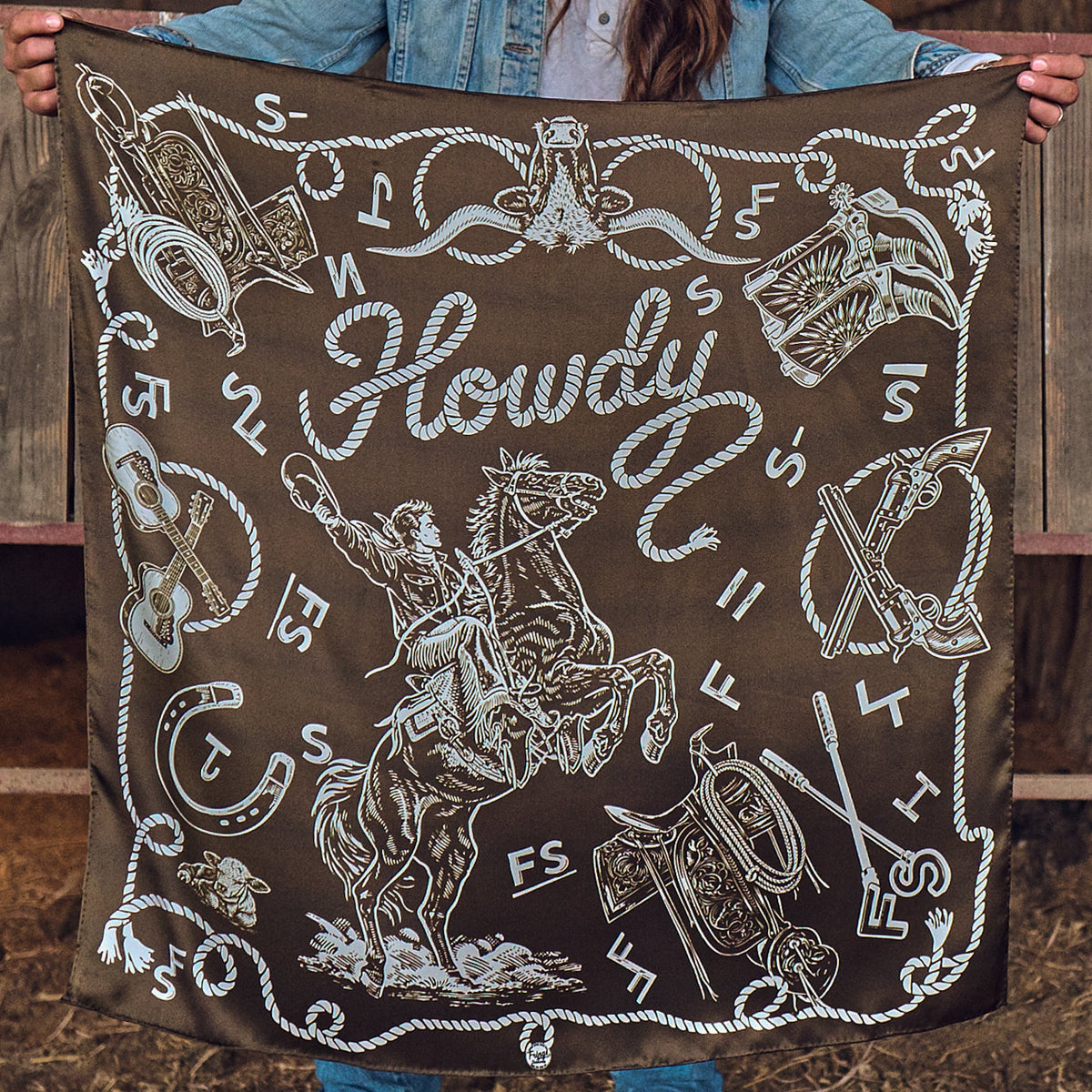 Fringe Hi Yo Silver Silk Scarf Brown brown ground with boots brands and a bucking horse womens western boutique Utah SKU SCRFHYSLBRNSH26070