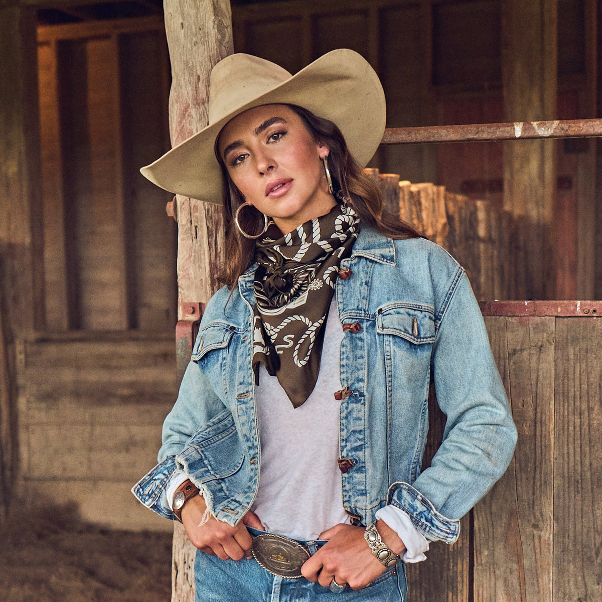 Fringe Hi Yo Silver Silk Scarf Brown pairs with a denim jacket knotted loose Park City
