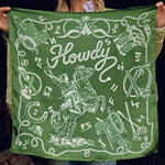 Fringe Hi Yo Silver Silk Scarf Hunter Green hunter green ground with boots brands and a bucking horse womens western boutique Utah SKU SCRFHYSLHNGRSH26068