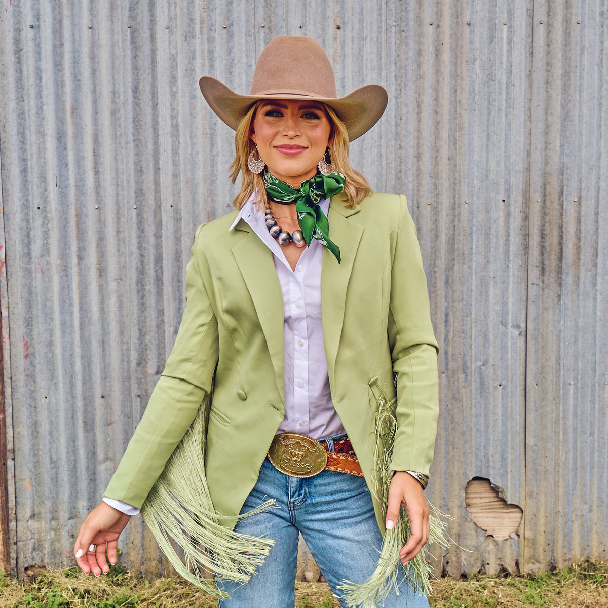 Fringe Hi Yo Silver Silk Scarf Hunter Green made to tie as a classic wild rag at the neck western fashion