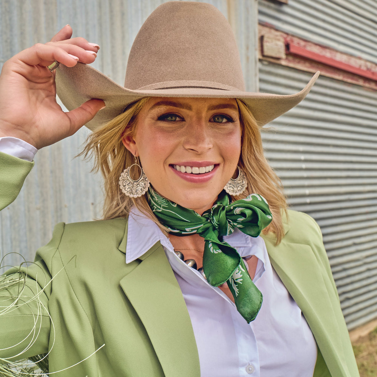 Fringe Hi Yo Silver Silk Scarf Hunter Green pairs with fringed suede and leather jackets Kamas